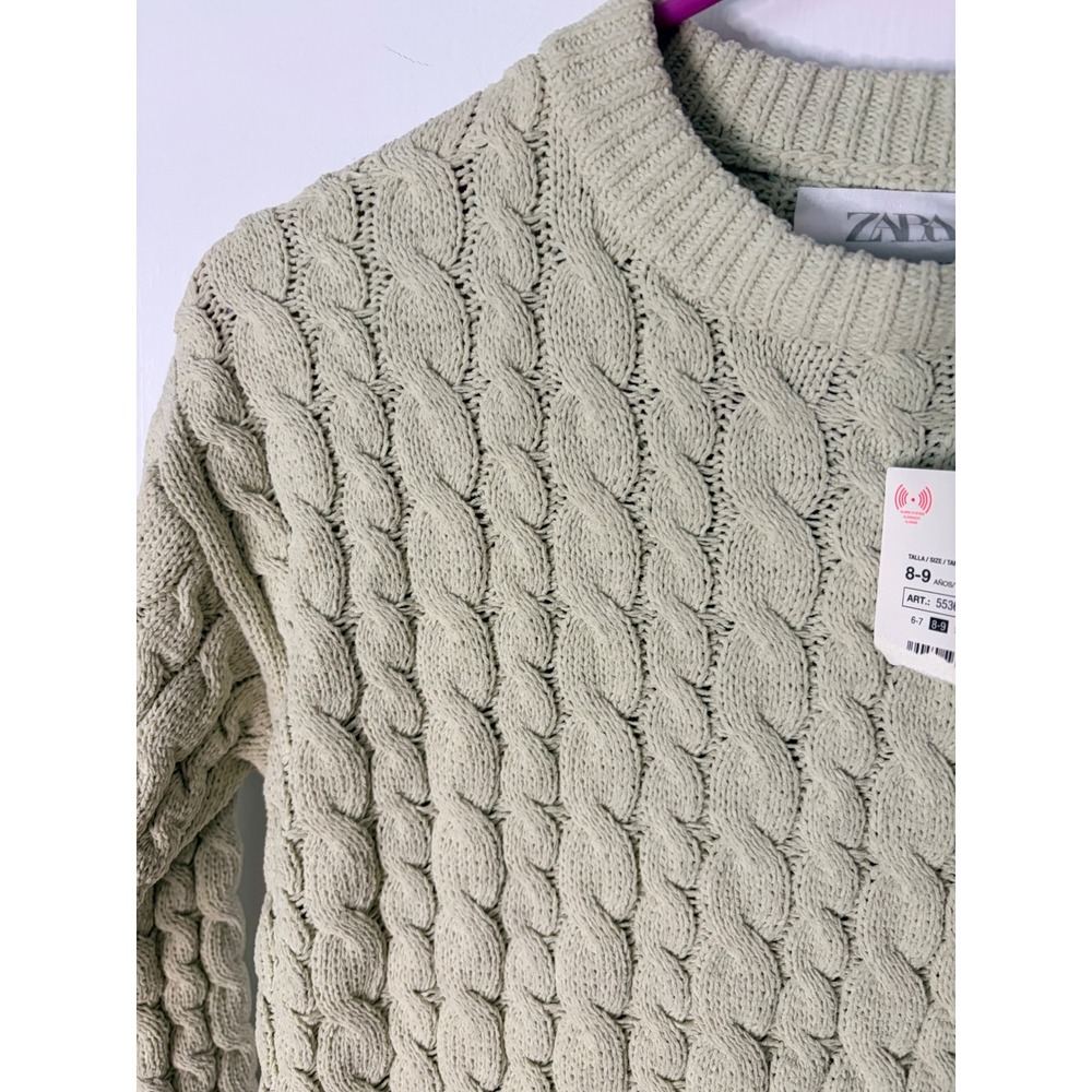 Zara Kids Cable Knit Sweater Sage Green Crew Neck Pullover Size 8-9 130cm NWT